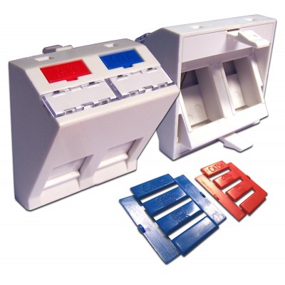Lanmaster LAN-SIP-24A-WH Вставка 45x45 на 2 кейстоуна, угловая, со шторкой, маркировкой, иконками, белая, LANMASTER