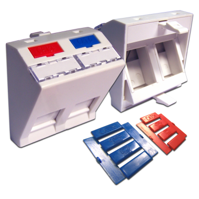 Lanmaster LAN-SIP-24A-WH Вставка 45x45 на 2 кейстоуна, угловая, со шторкой, маркировкой, иконками, белая, LANMASTER