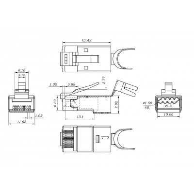 PLUG-8P8C-UV-C6-TW-SH-10 Разъем RJ-45(8P8C), кат6 (50 µ/ 50 микродюймов), экрани, универс(для одножил/многожил кабеля), для толстых жил 1.35-1.5 мм(с