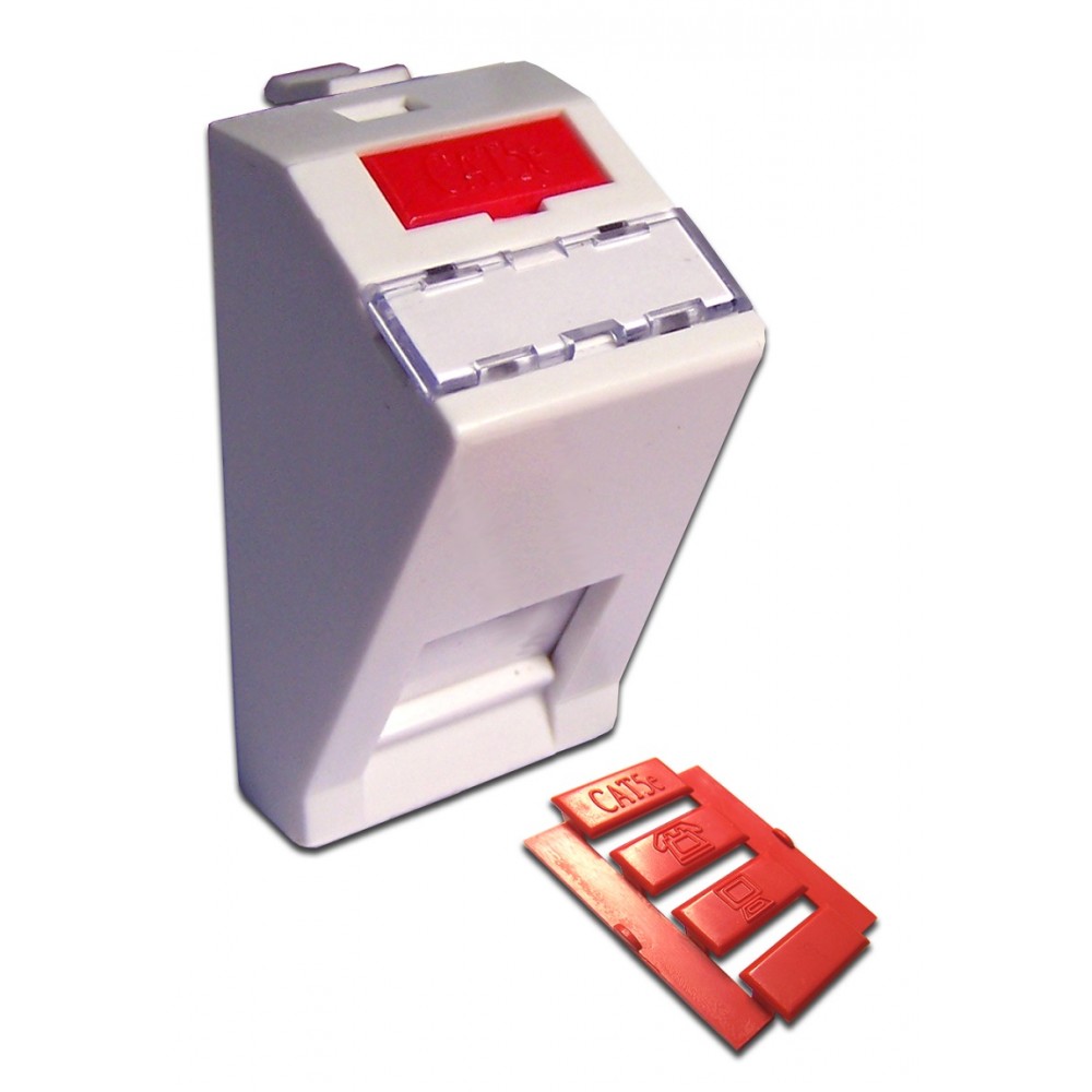 Lanmaster LAN-SIP-22A-WH Вставка 22.5х45 на 1 кейстоун, угловая, со шторкой, маркировкой, иконками, белая, LANMASTER